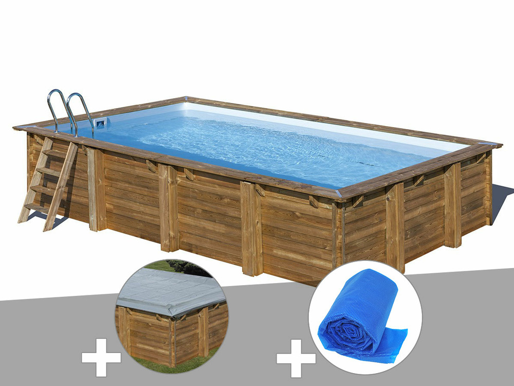 Kit piscine bois  mango 6,18 x 3,20 x 1,33 m + bâche hiver + bâche à bulles