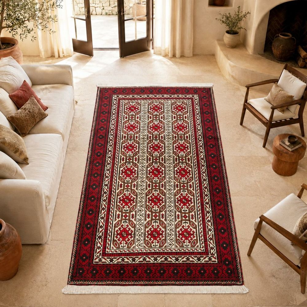 Tapis d'orient, 98 x 185 cm, rouge, beige, marron, laine naturelle, balutsch 5