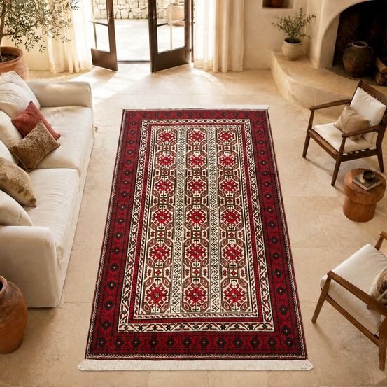 Tapis d'orient, 98 x 185 cm, rouge, beige, marron, laine naturelle, balutsch 5