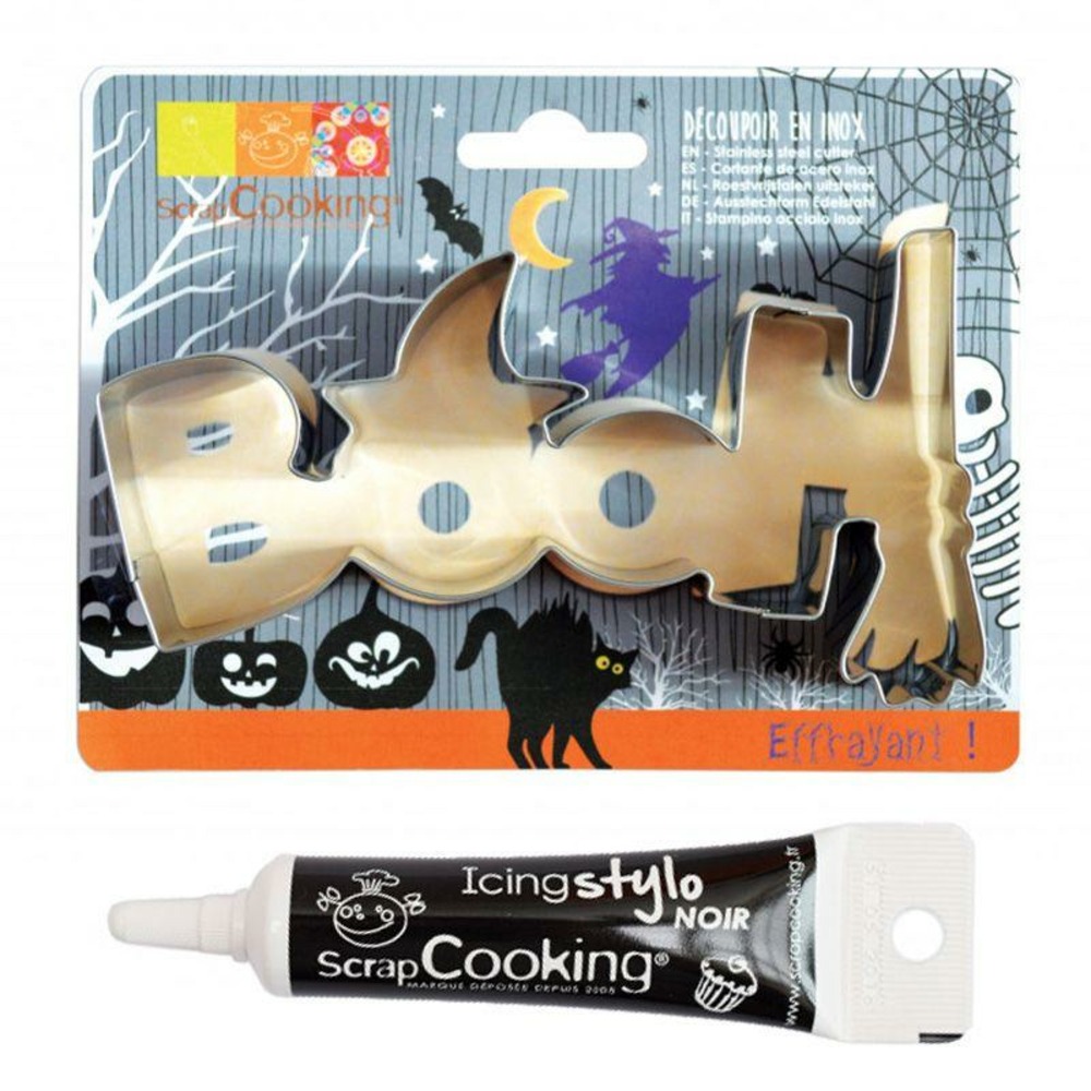 Découpoir à biscuits en inox booh halloween + stylo alimentaire noir