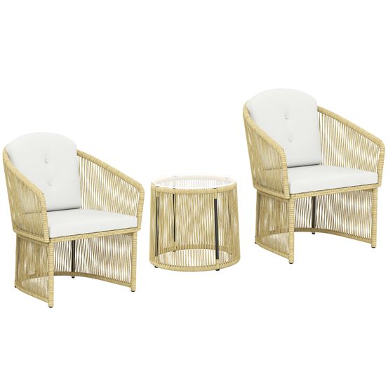 Ensemble bistro rotin 3 pièces : table ronde verre, fauteuils et coussins, crème blanc