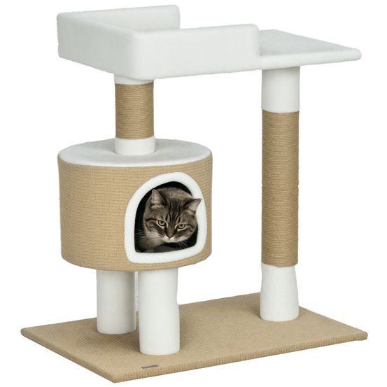 Arbre à chat en jute pour grands chats avec large niche 79cm marron et blanc