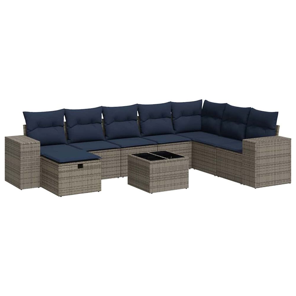 Salon de jardin 9 pcs avec coussins gris résine tressée