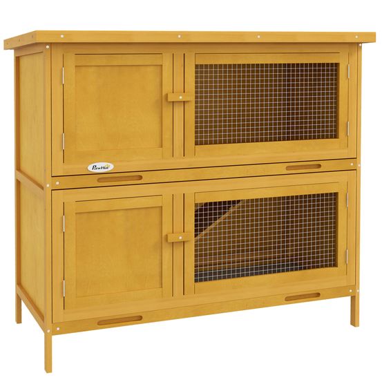Clapier lapin rongeur 2 niveaux bois extérieur toit bitumé jaune 97x44x91cm