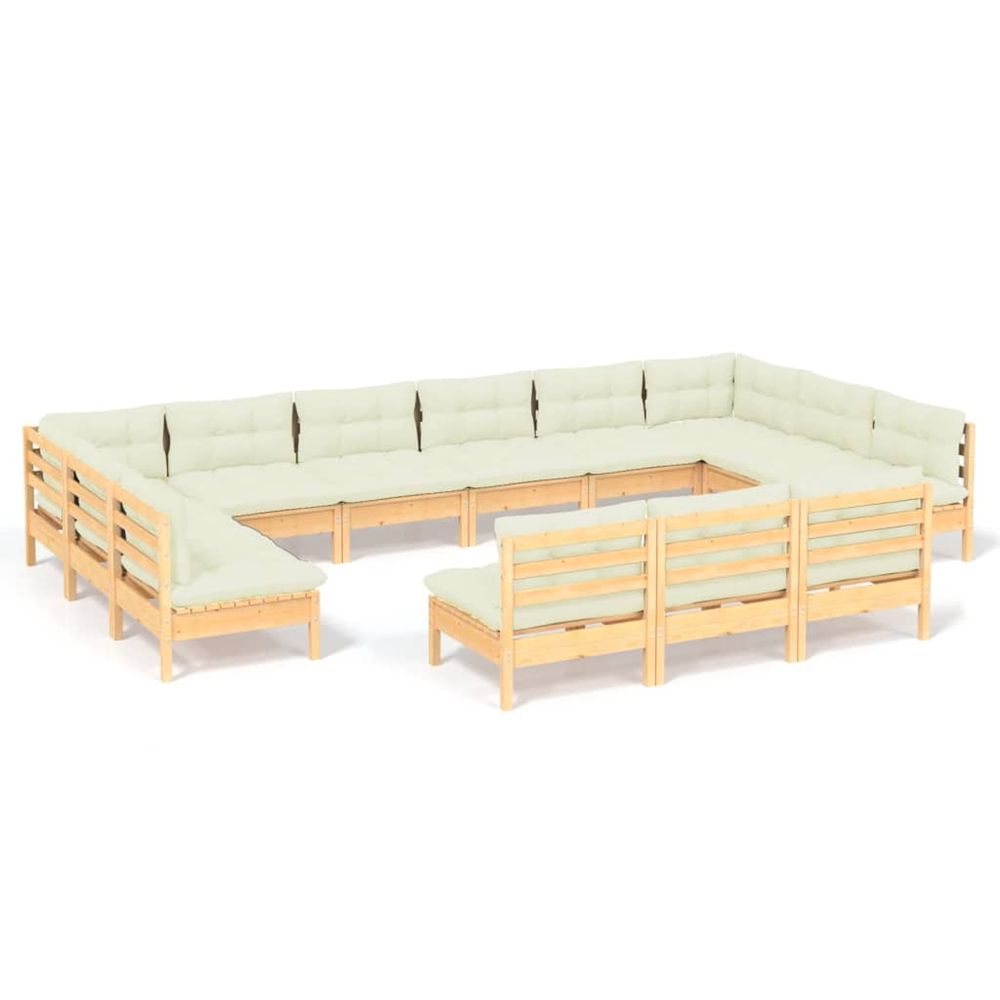 Salon de jardin 13 pcs avec coussins crème bois de pin solide