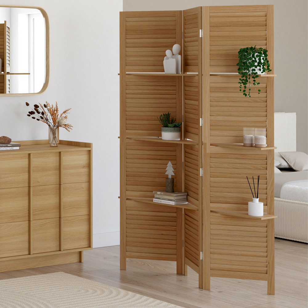 Paravent intérieur 3 panneaux lattes persiennes avec 3 étagères bois