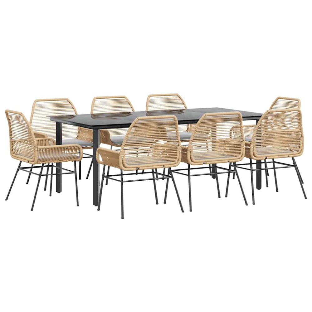 Ensemble à manger jardin coussins 9pcs marron poly rotin verre