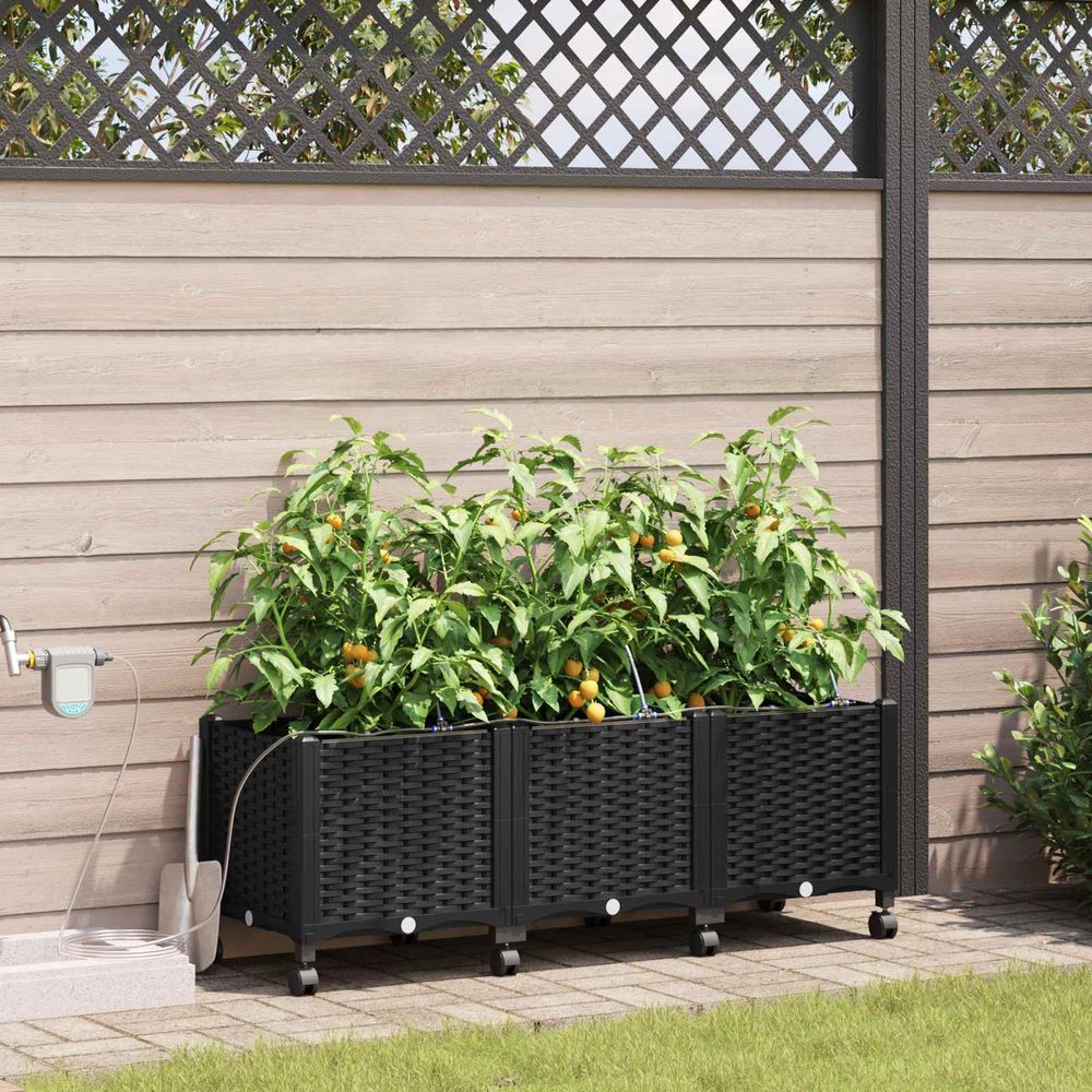 Lot de 3 jardinières polypropylène terrasse irrigation intégrée sur roues 120cm noir