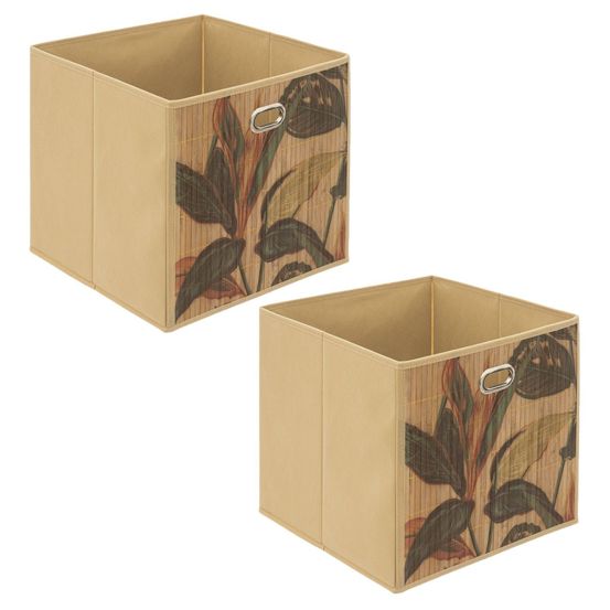 Lot de 2 boîtes de rangement cubes en bambou à motifs jungle palawan - l.31 x l.31 x h.31 cm - marron