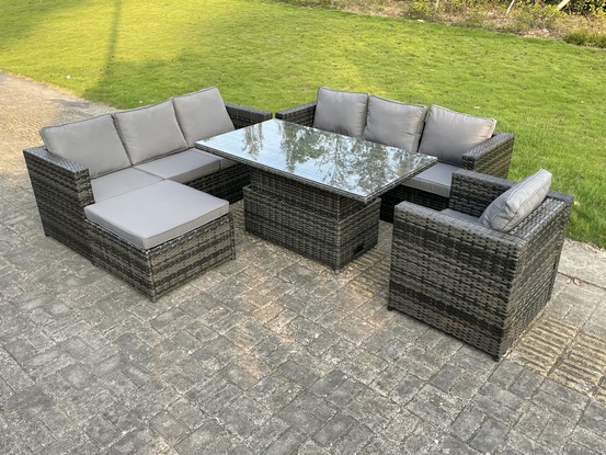 8 places extérieur en rotin canapé set réglable ascenseur table à manger table basse chaises tabouret de pied gris foncé