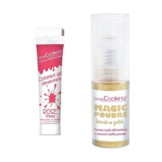 Colorant alimentaire en gel rose foncé + poudre alimentaire irisée dorée