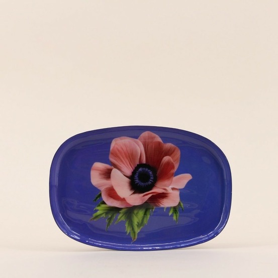 Plateau en métal laqué violet fleuri 20x14cm