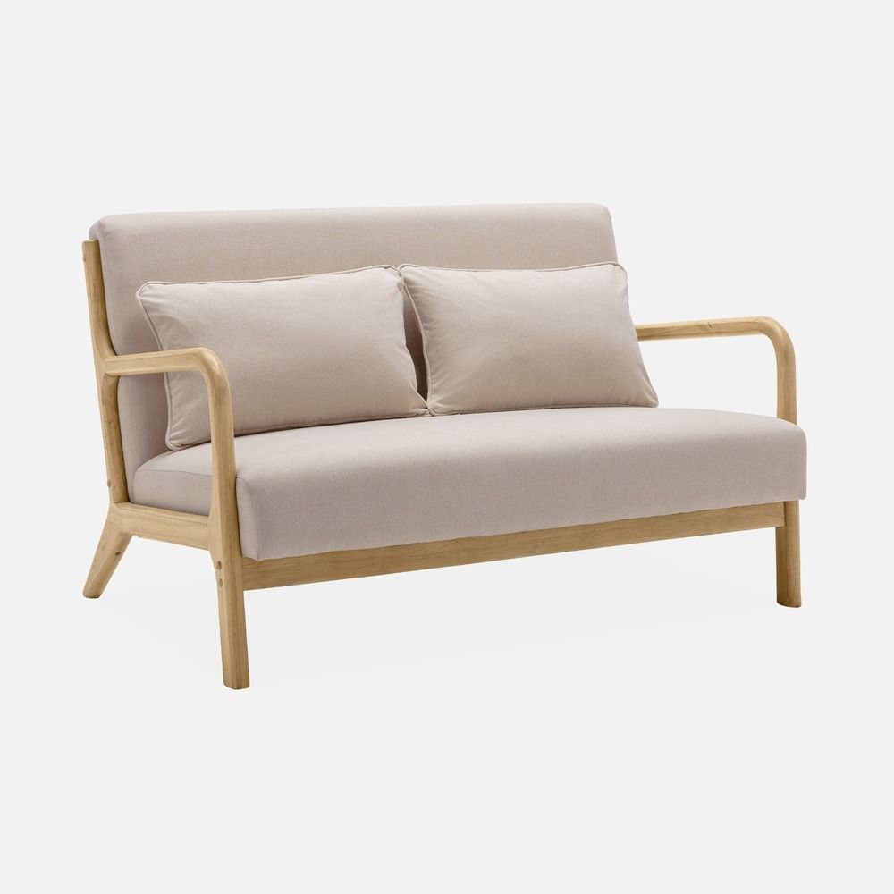 Banquette design en bois et tissu, 2 place droit fixe, pieds compas scandinave