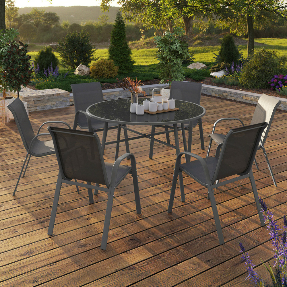 Salon de jardin madrid table ronde 120 cm et 6 chaises empilables gris anthracite