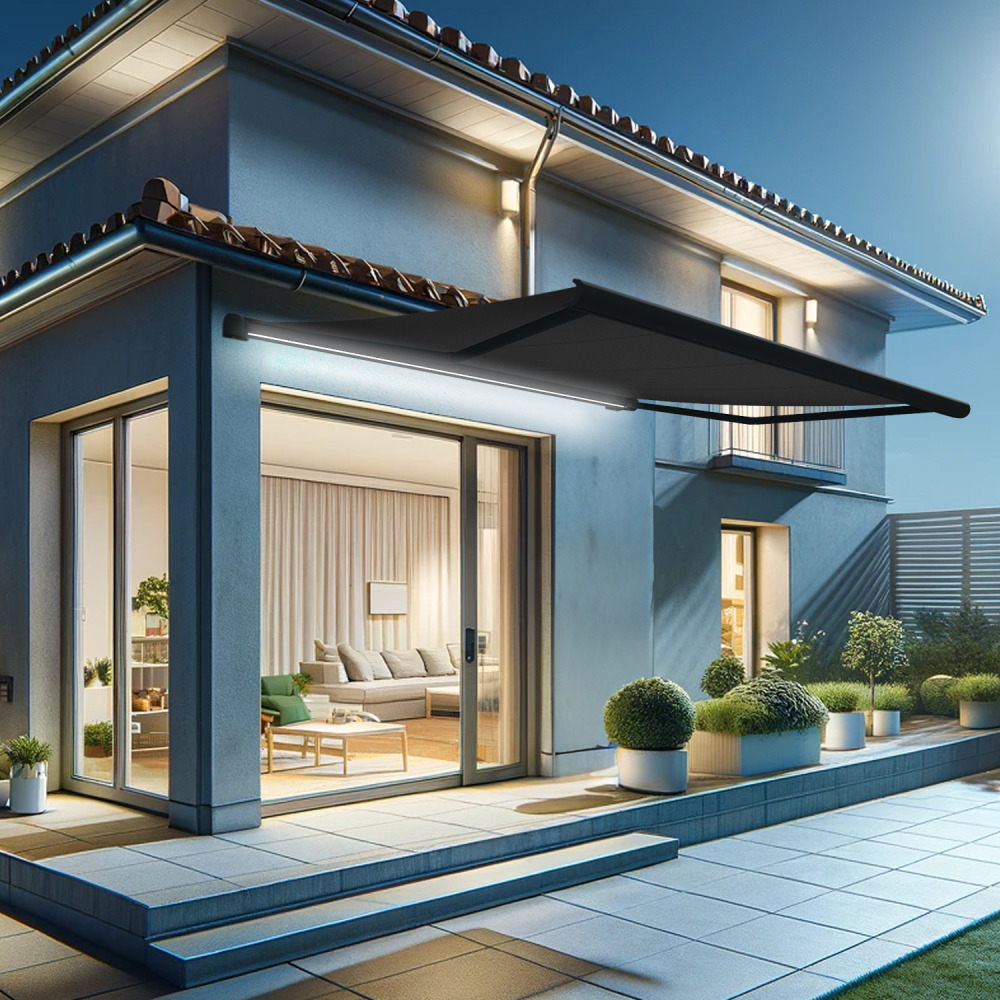 Store banne coffre intégral hevoa 4,00x3,00 m (motorisé secours à télécommande + led - gris anthracite ral7016st - gris graphite)