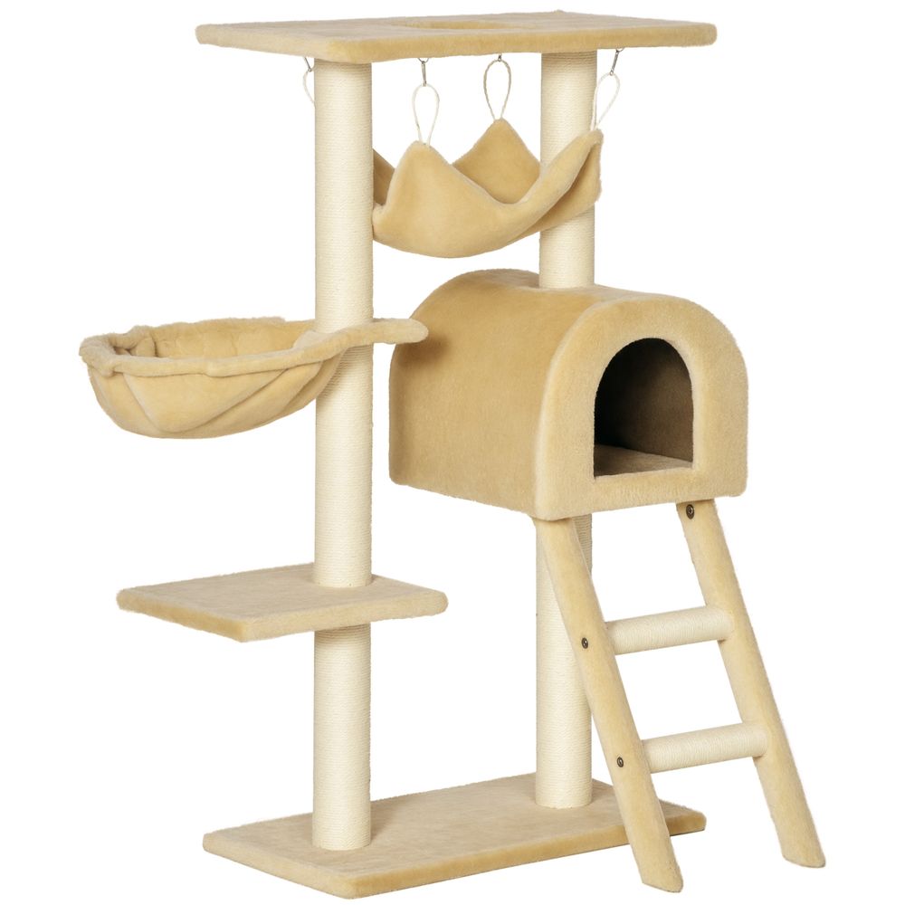 Arbre à chat multi-activités en bois pour griffade avec hamac et corde sisal 98cm beige