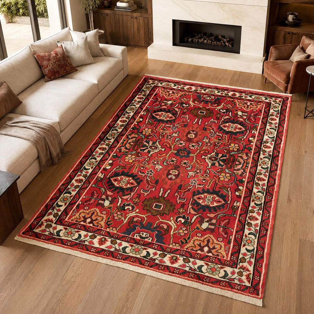 Tapis d'orient, 100 x 140 cm, rouge, bleu et crème, en laine naturelle, hamadan 45