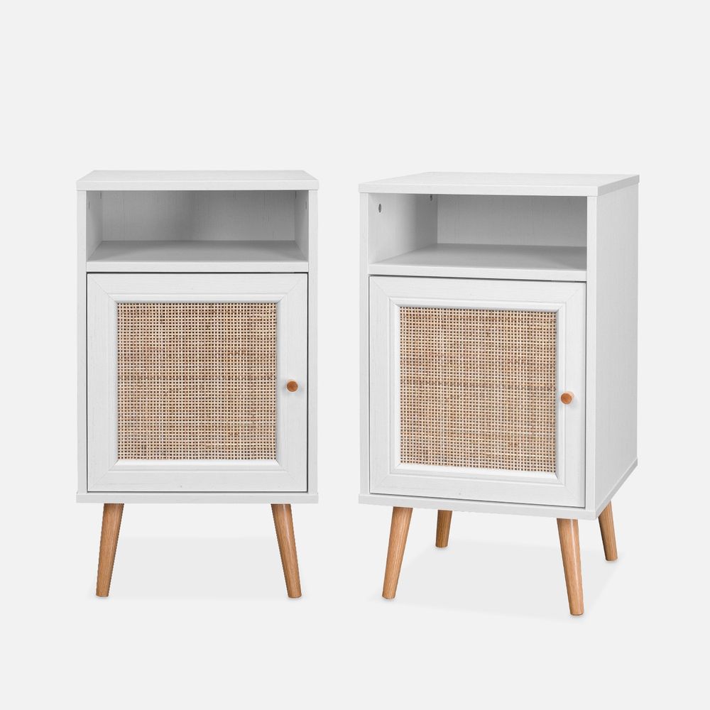 Lot de 2 tables de chevet en cannage - bohème - 40x39x70cm - 2 niveaux - 1 portes - 1 espace de rangement - pieds scandinaves