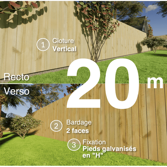 Kit clôture bois moderne 20m – h 1,9m – 21 x 130 mm autoclave vert – pose vertical – double face – support galva