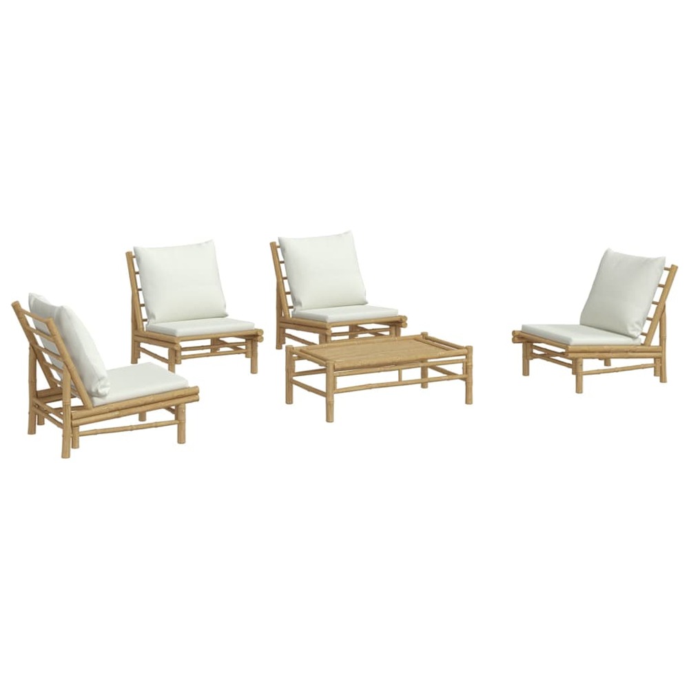 Salon de jardin meuble d'extérieur ensemble de mobilier 5 pièces avec coussins blanc crème bambou