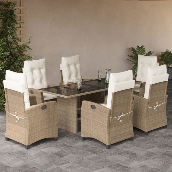 Ensemble à manger de jardin et coussins 7 pcs beige poly rotin