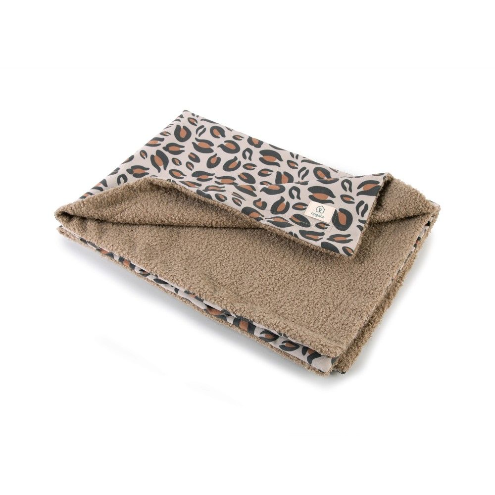 Montaigne - couverture pour chien / chat, bi-face en tissu motif léopard sable sauvage et bouclette beige, 80x60cm