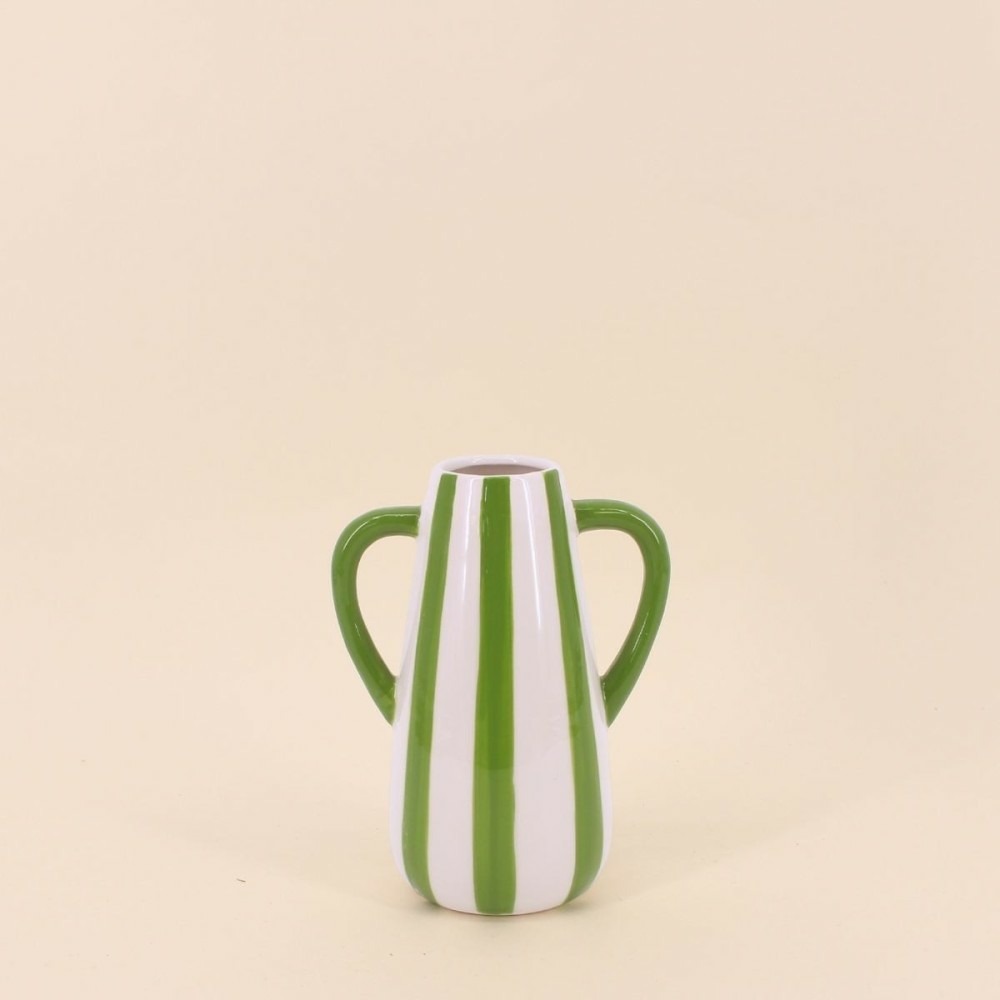 Vase céramique rayé blanc, vert avec anse, h18cm