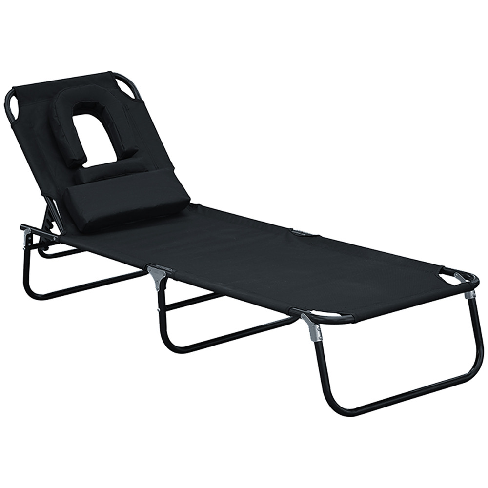 Chaise longue inclinable à trois pieds, noire, avec ouverture pour le visage et fenêtre de lecture