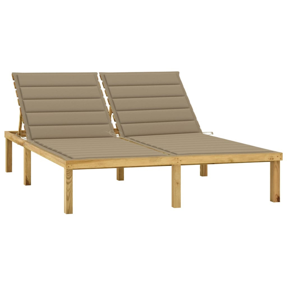 Chaise longue double et coussins beige bois de pin imprégné bain de soleil