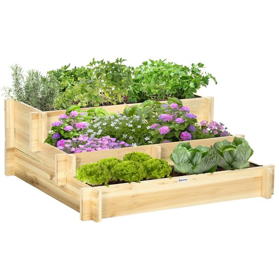 Carré potager 3 niveaux bois sapin jardin 5 compartiments drainage 93x93x35cm naturel