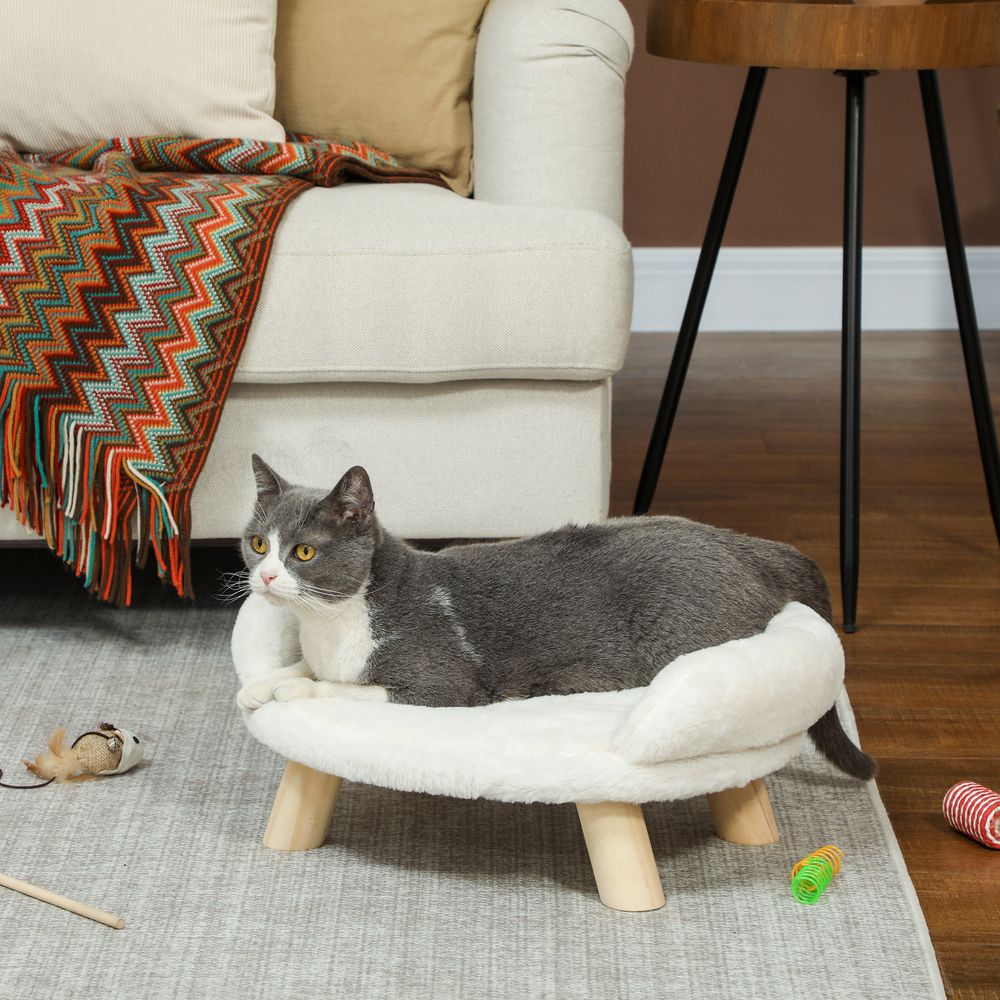 Lit pour chat et petit chien en peluche crème 47 x 40 x 20 cm housse amovible pieds en bois antidérapants