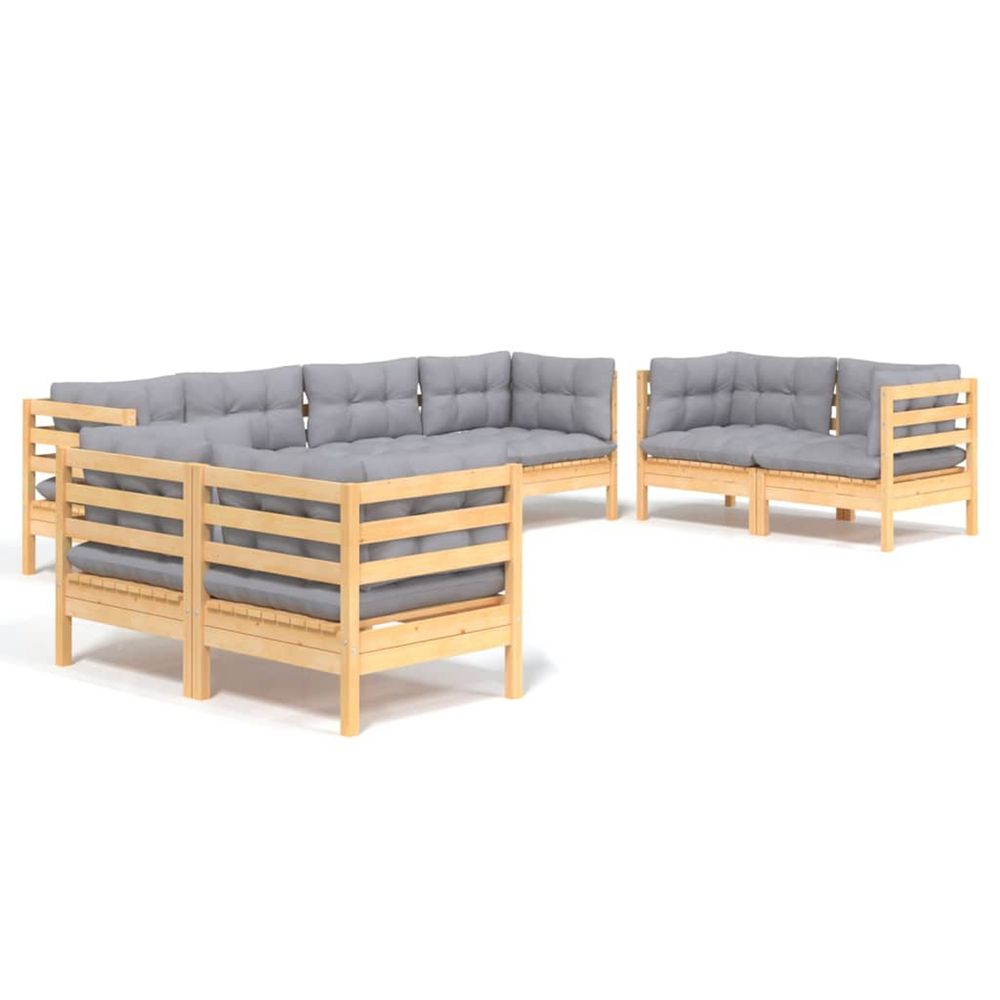 Salon de jardin 8 pcs avec coussins gris bois de pin massif
