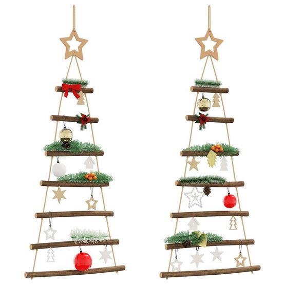 Lot de 2 sapins de noël muraux suspendus en bois naturel décoration 90 cm