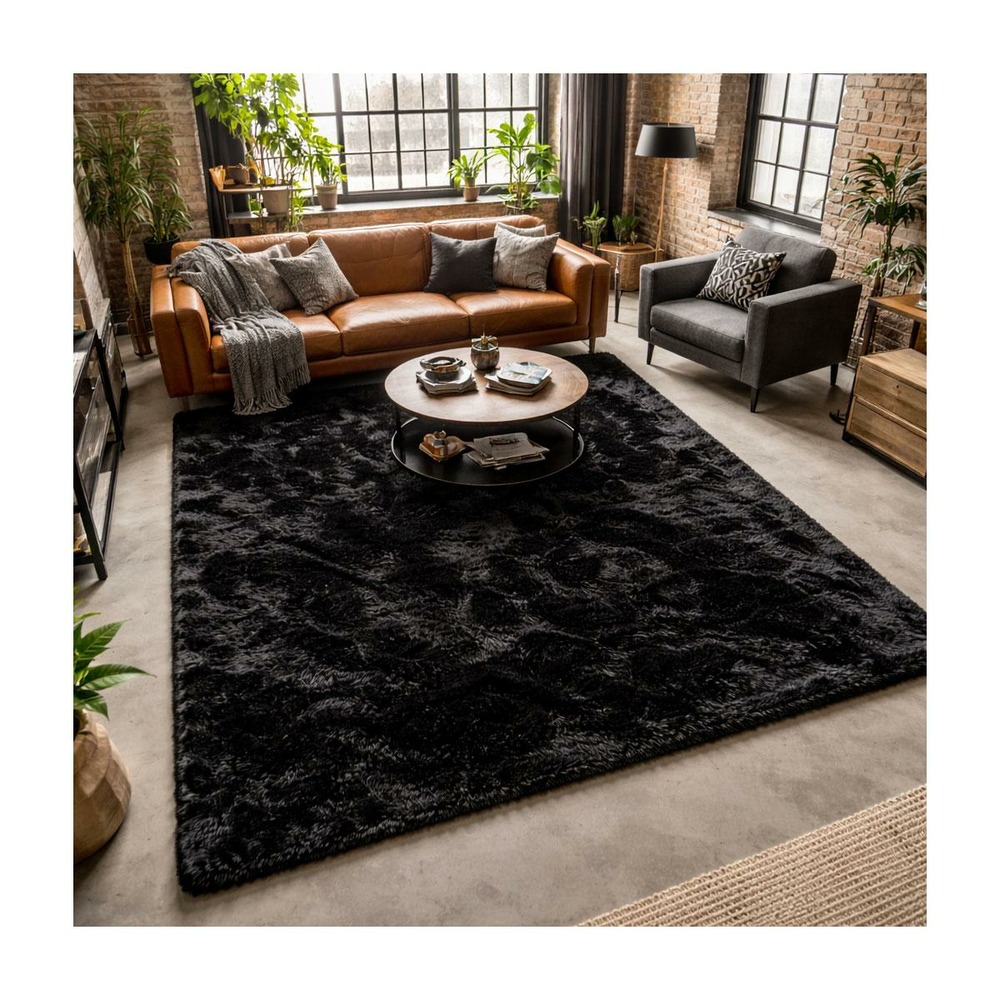 Tapis shaggy 80x140 rectangle fait main noir motif uni sg fin