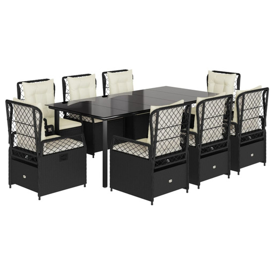 Ensemble à manger de jardin 9pcs coussins noir résine tressée