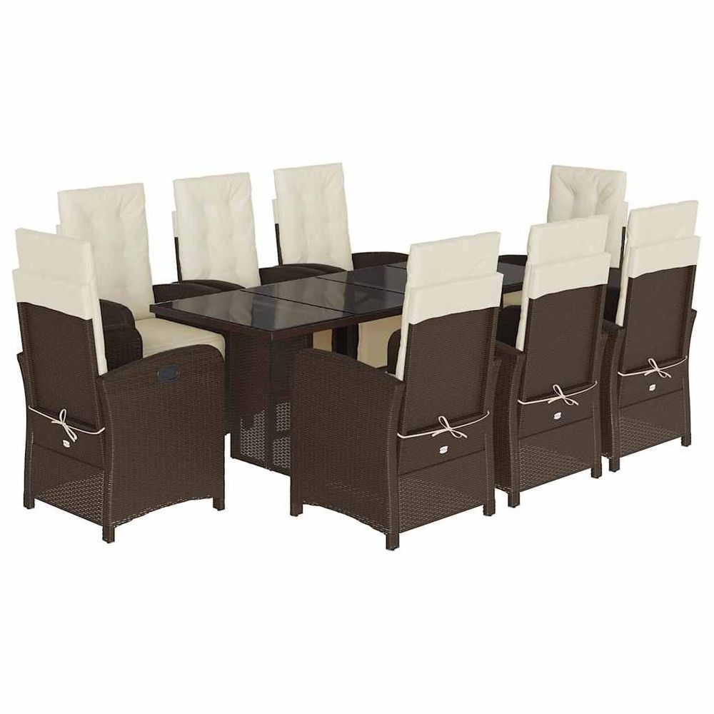Ensemble à manger de jardin et coussins 9 pcs marron poly rotin