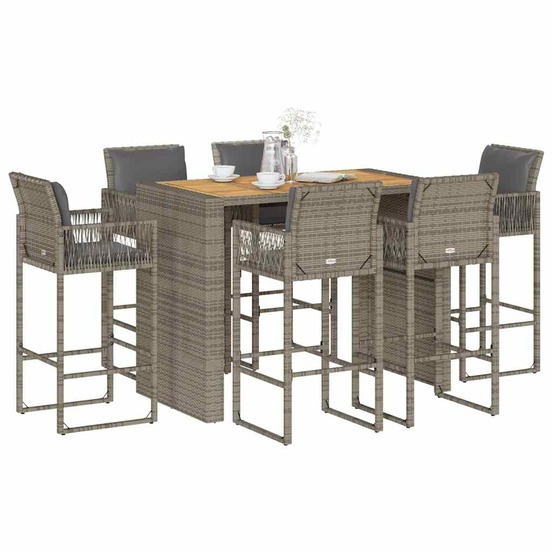 Ensemble de bar de jardin 7 pcs avec coussins gris poly rotin