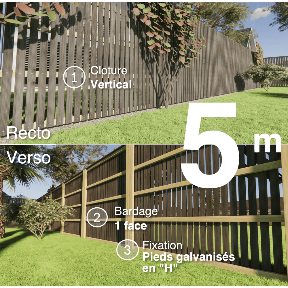 Kit clôture bois moderne 5m – h 2,3m – 20 x 70 mm noir par trempage – pose vertical – simple face – support galva