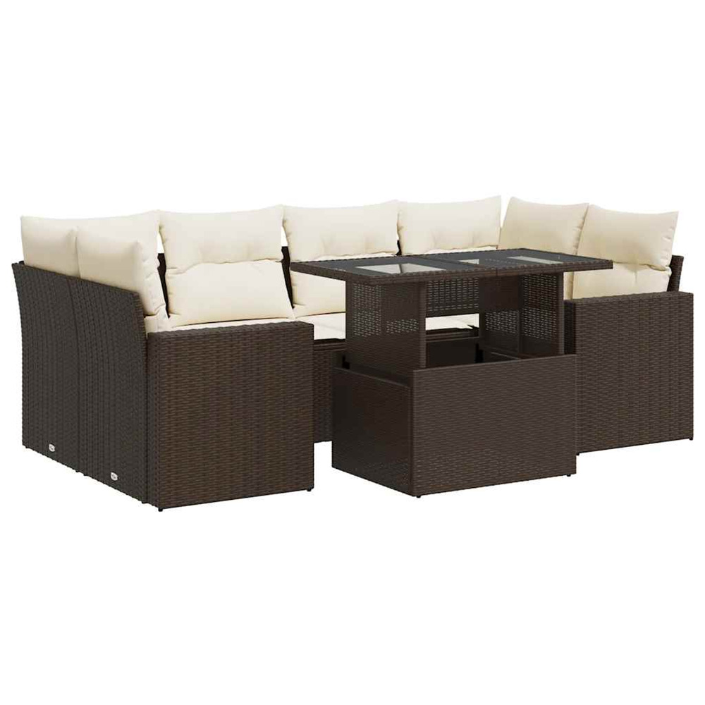 Salon de jardin avec coussins 7 pcs marron résine tressée