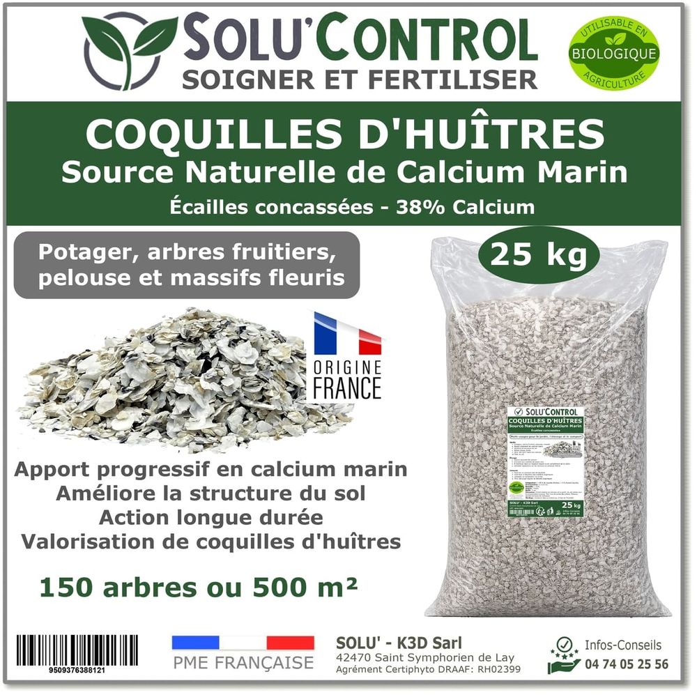 25 kg écailles de coquilles d'huîtres concassées 38% calcium - solu'control - calcium marin