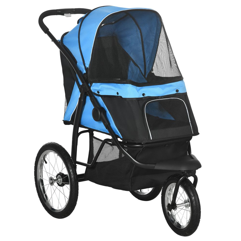 Poussette pour chien chat acier jogging promenade pliable avec pare-soleil 111x58x107 cm bleu