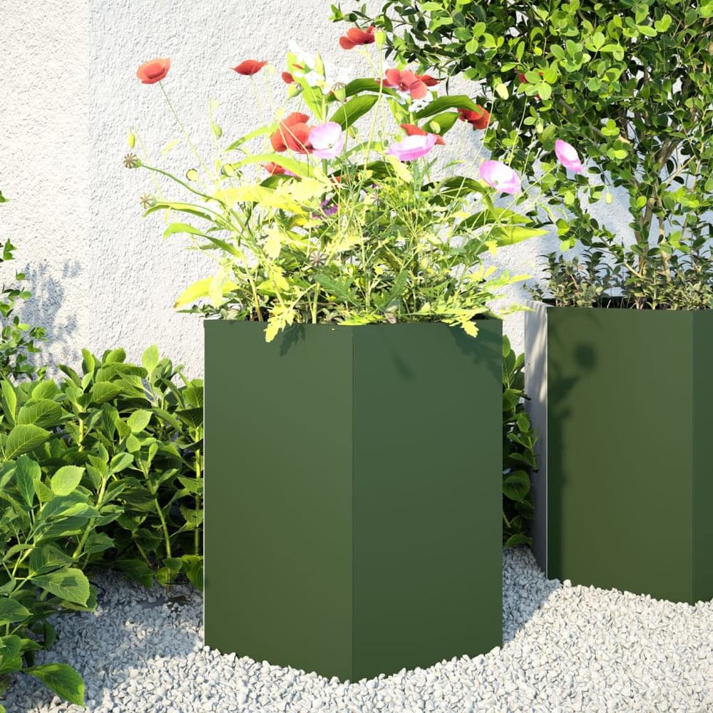 Lot de 2 carrés potager hexagonaux acier vert olive pour jardin 46x45 cm