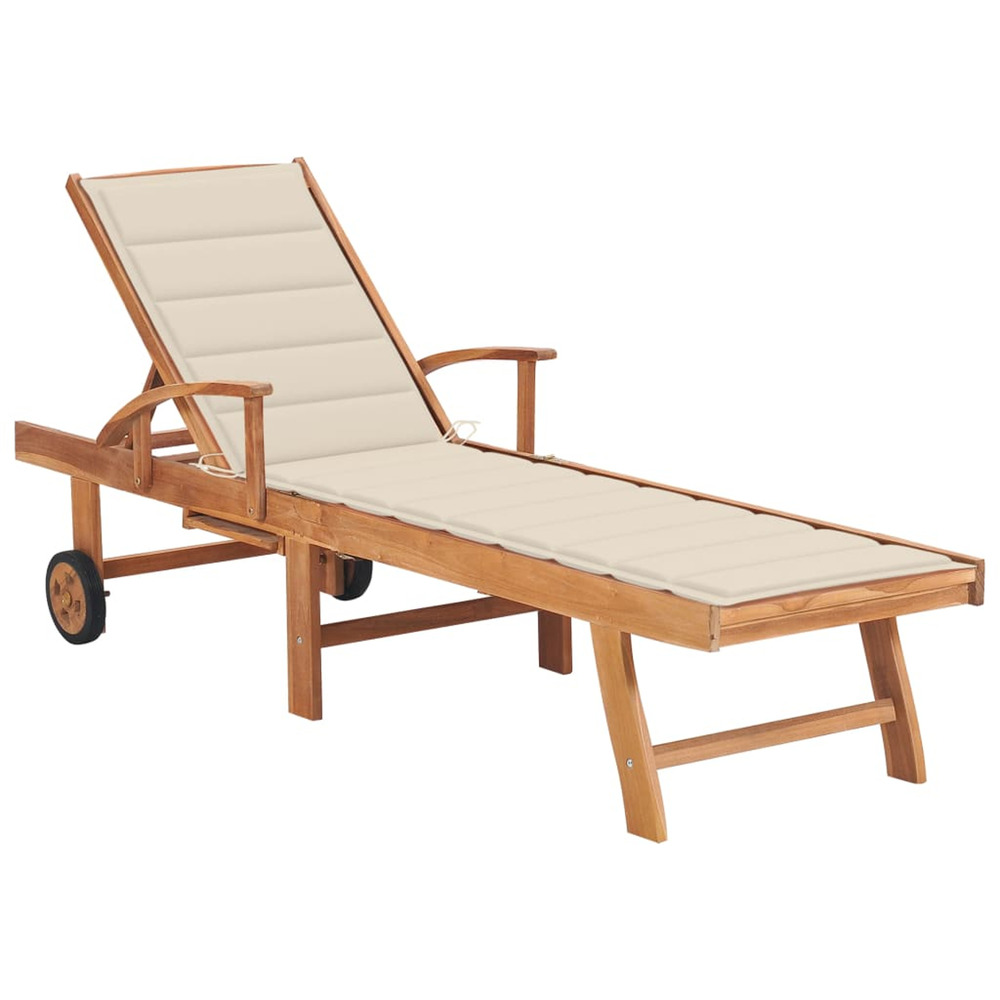 Chaise longue avec coussin crème bois de teck solide bain de soleil