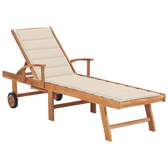 Chaise longue avec coussin crème bois de teck solide bain de soleil