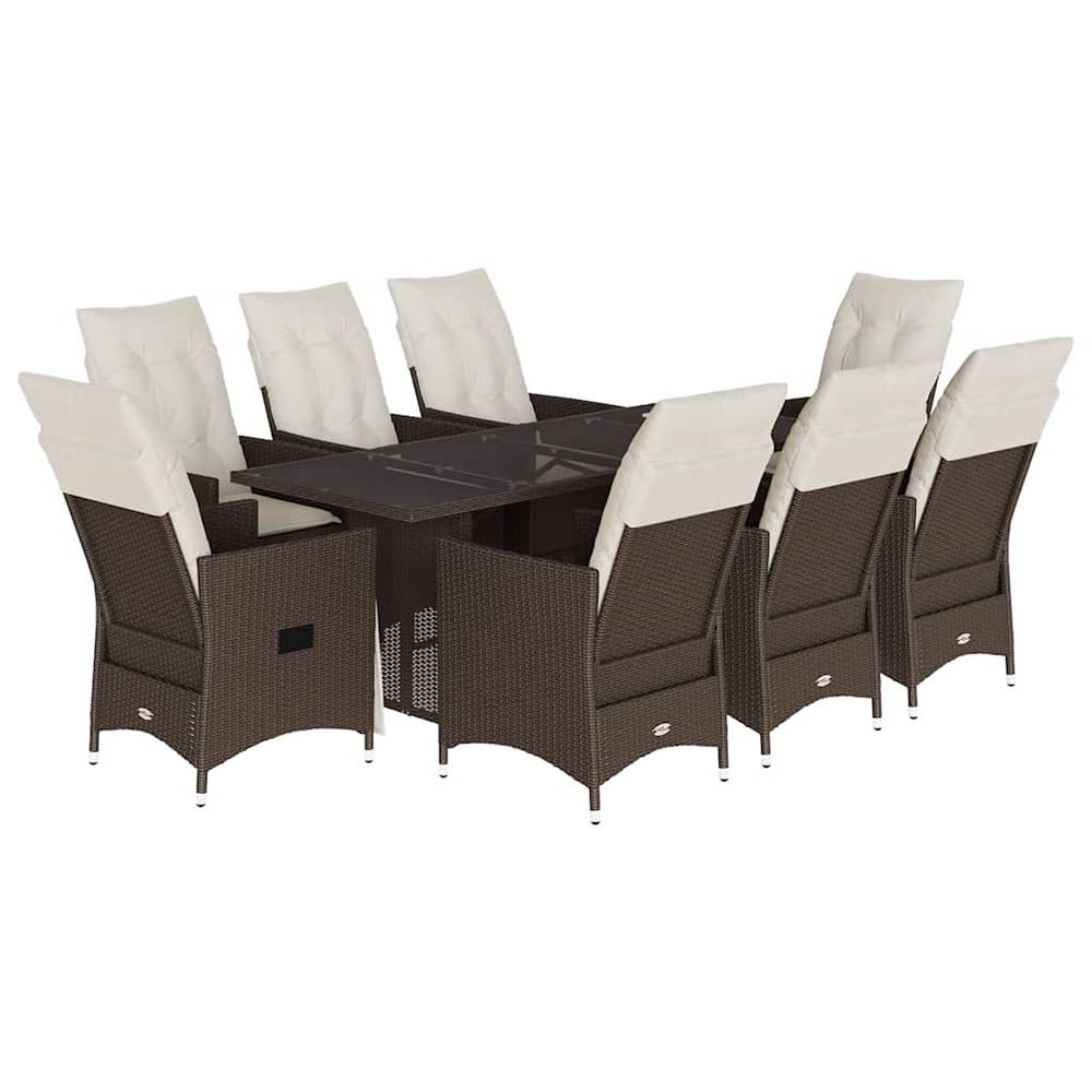 Ensemble à manger de jardin et coussins 9 pcs marron poly rotin