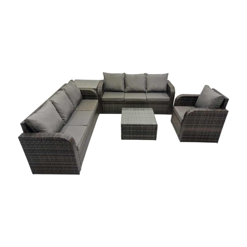 Salon de jardin exterieur avec canapés table basse carrée chaise inclinable table d'appoint gris foncé mixte