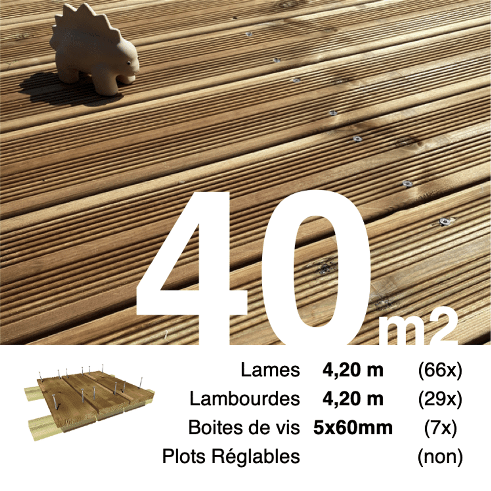 Kit terrasse pin autoclave marron pour 40 m², lames 4,2 m, lambourdes 4,2 m et visserie inox.