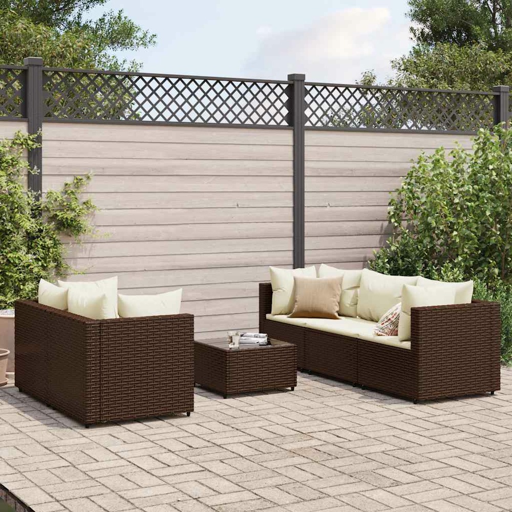 Salon de jardin 6 pcs avec coussins marron résine tressée