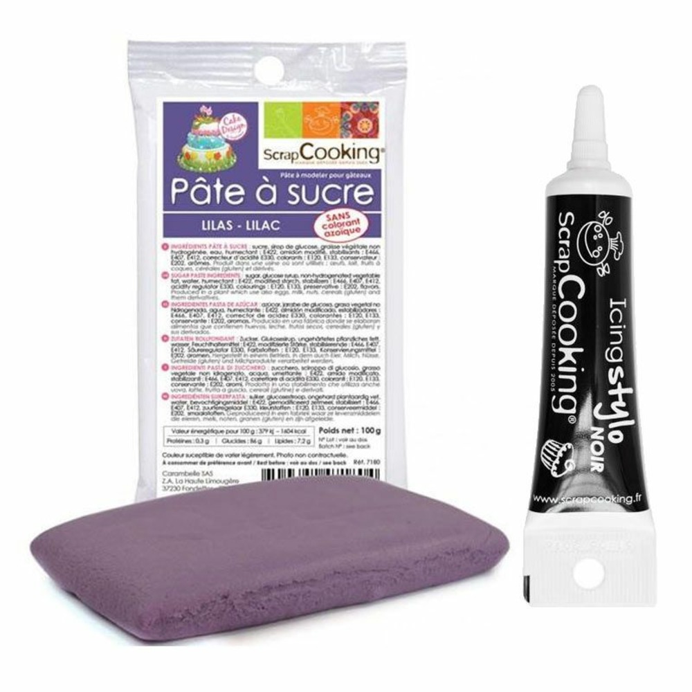 Pâte à sucre lilas 100 g + stylo de glaçage noir