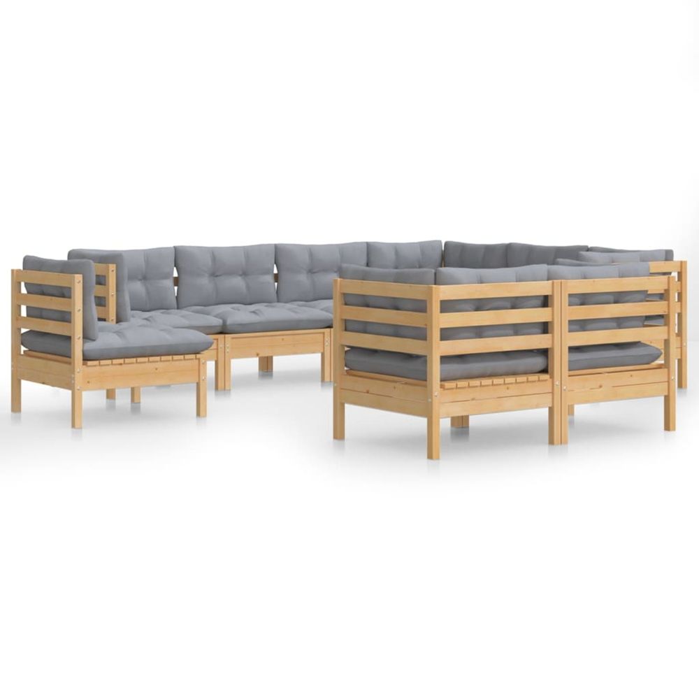 Salon de jardin 9 pcs avec coussins gris bois de pin massif